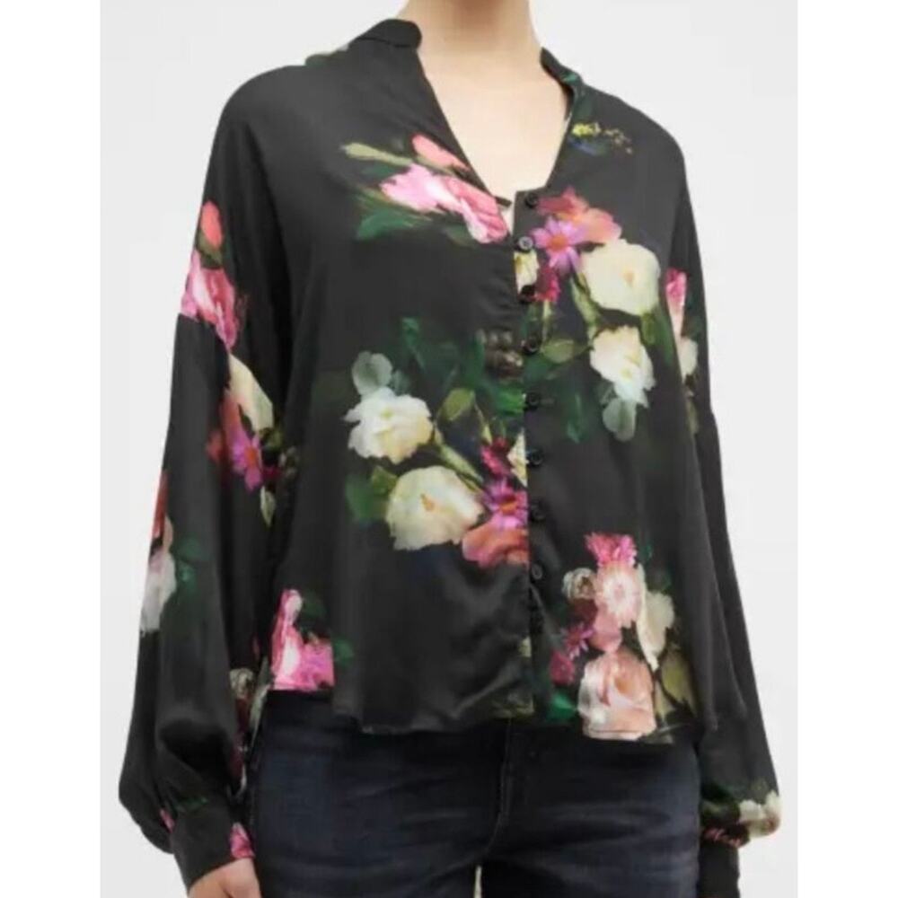 Finley Black Floral Printed Band Collar Button Up Blouse Size M MSRP $235 USA